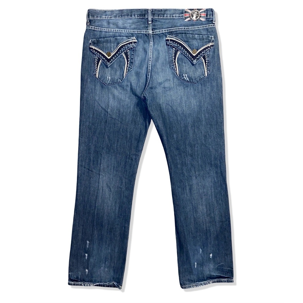 Monarchy Collection Y2K Flap Pocket Jeans 40x34 Blue Embroidered Denim Distress